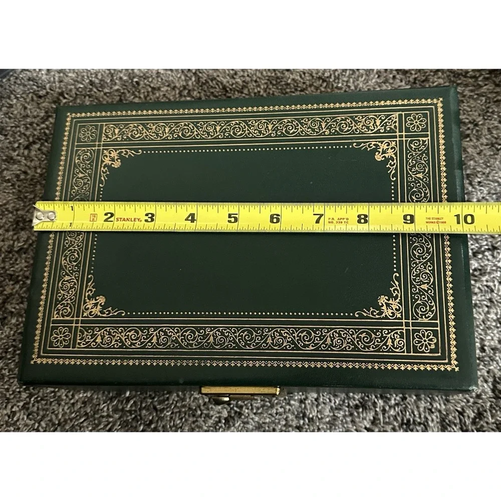 Vintage Jewelry Vanity Dresser Faux Leather Green Jewelry Box with Yellow Lining